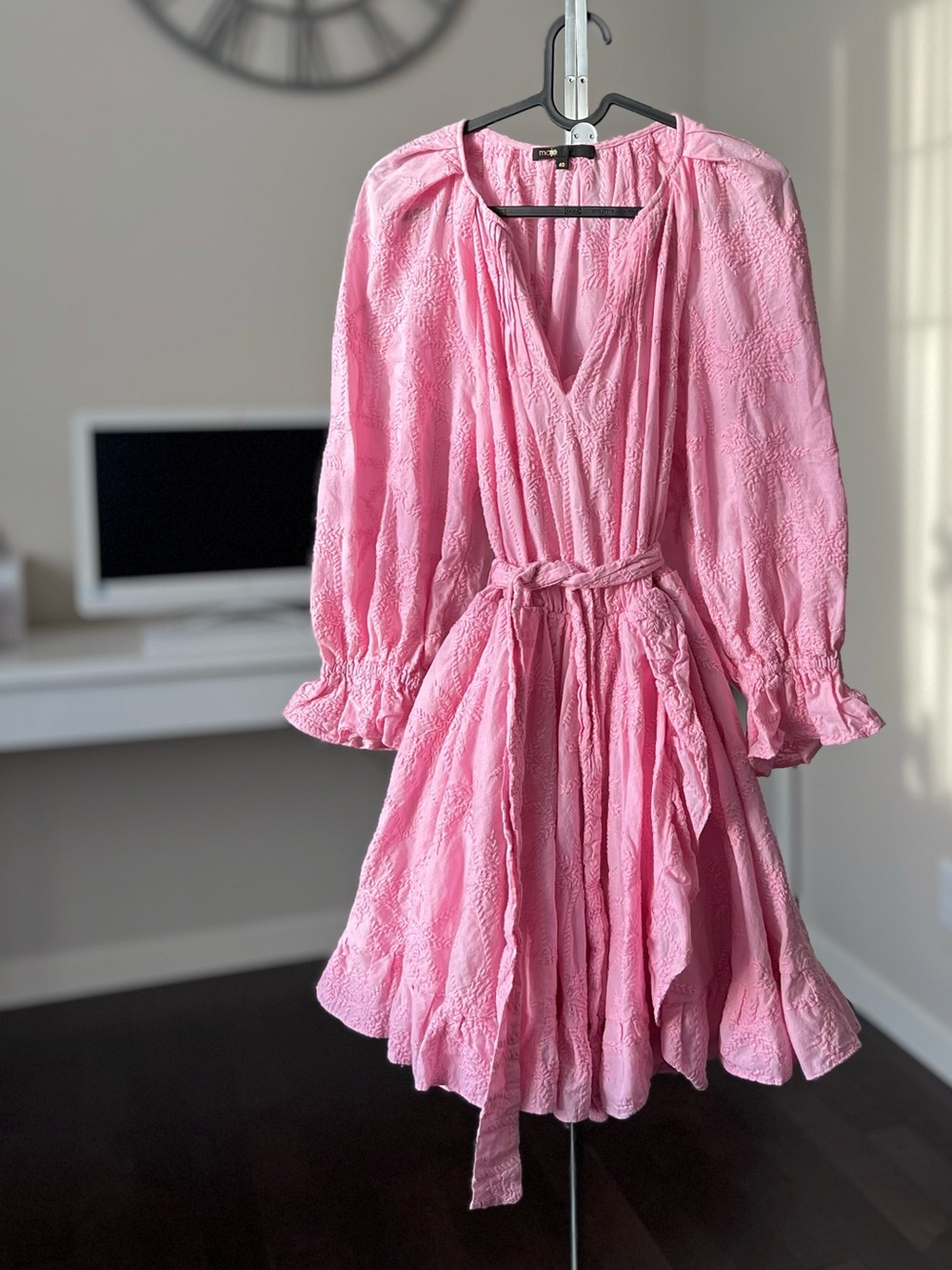 Maje Pink Textured Long-Sleeve Tie-Waist Dress